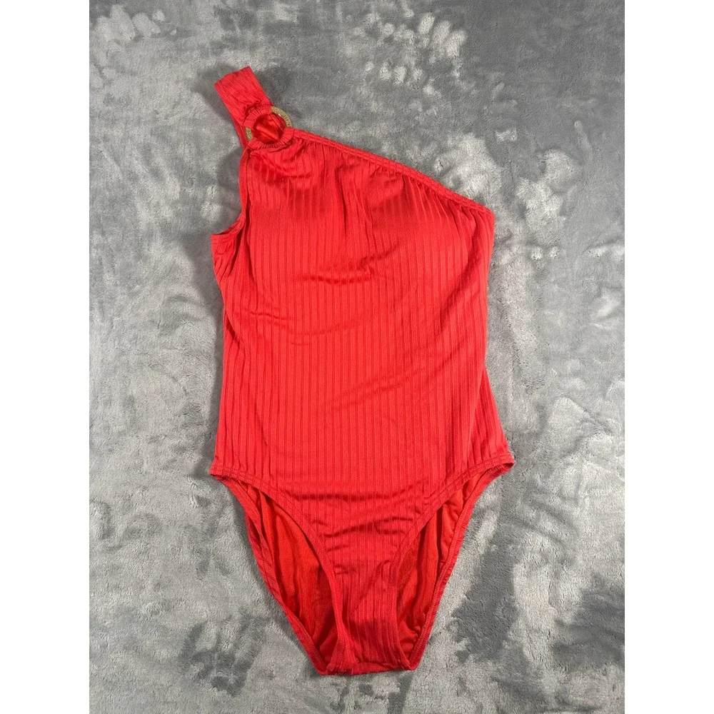 Michael Kors Sea Coral Ribbed One Shoulder One Piece Swimsuit Red MM70476A Size8